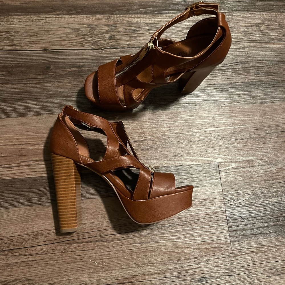 Just Fab, zip up, stacked heeled sandal